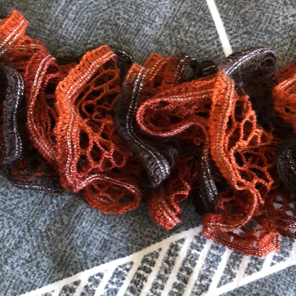 Handmade Rust and Black Crocheted Ruffled Scarf - Picture 2 of 2